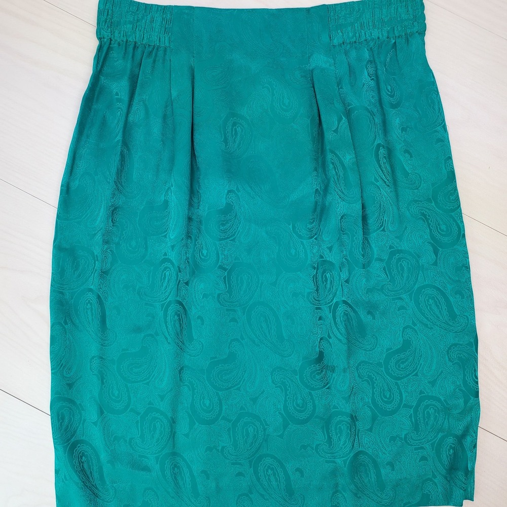 Papell Petites Vintage 100% Silk Teal Paisley Jacquard Skirt Suit Set 12P Luxury - Picture 10 of 16